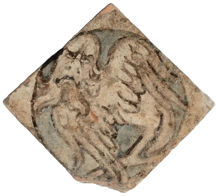 Archeologische vloertegel &lsquo;De Gulden Clocke&rsquo;, gevonden aan de Katelijnestraat in Mechelen
